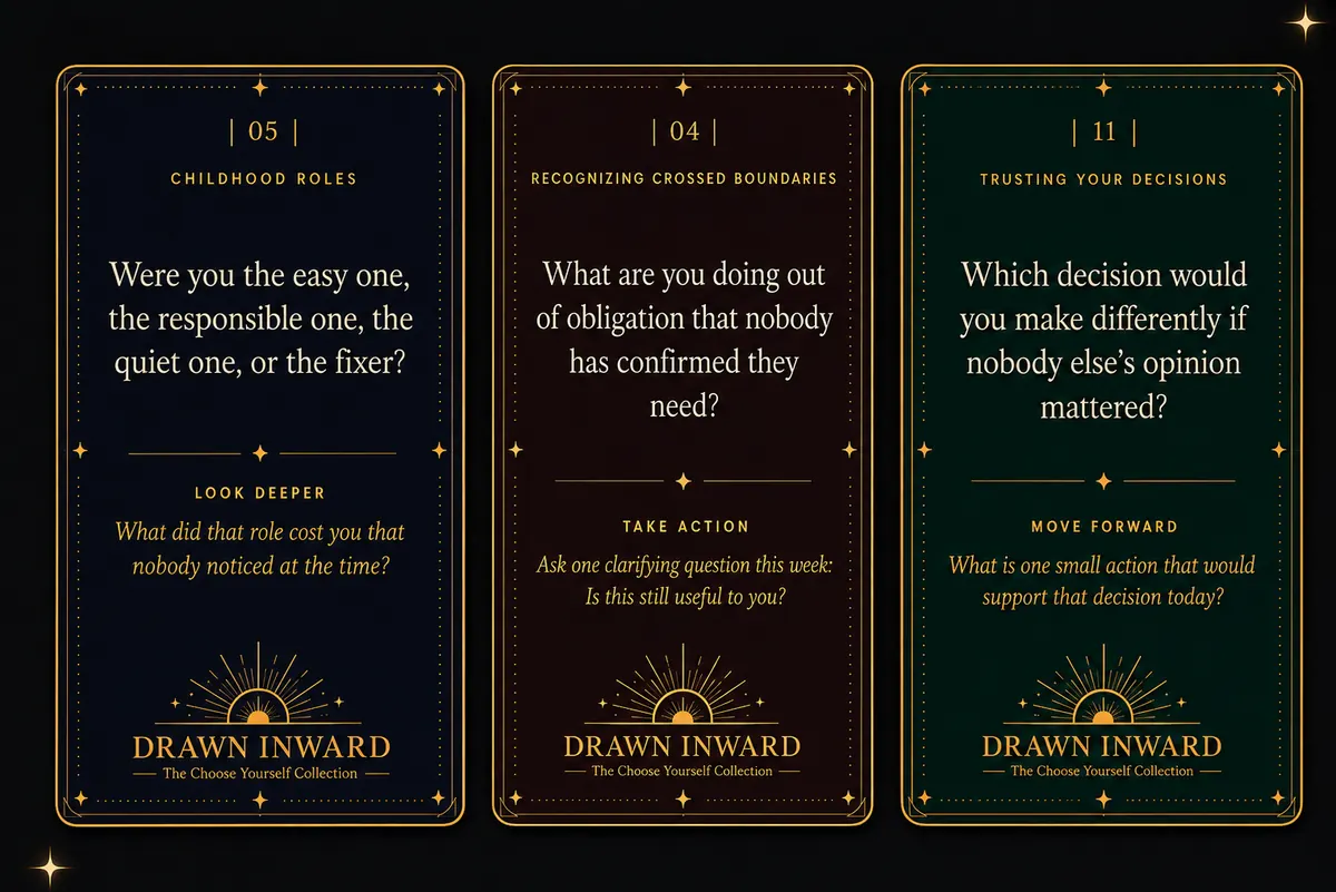 Three Drawn Inward prompt cards: Childhood Roles, Recognizing Crossed Boundaries, and Trusting Your Decisions
